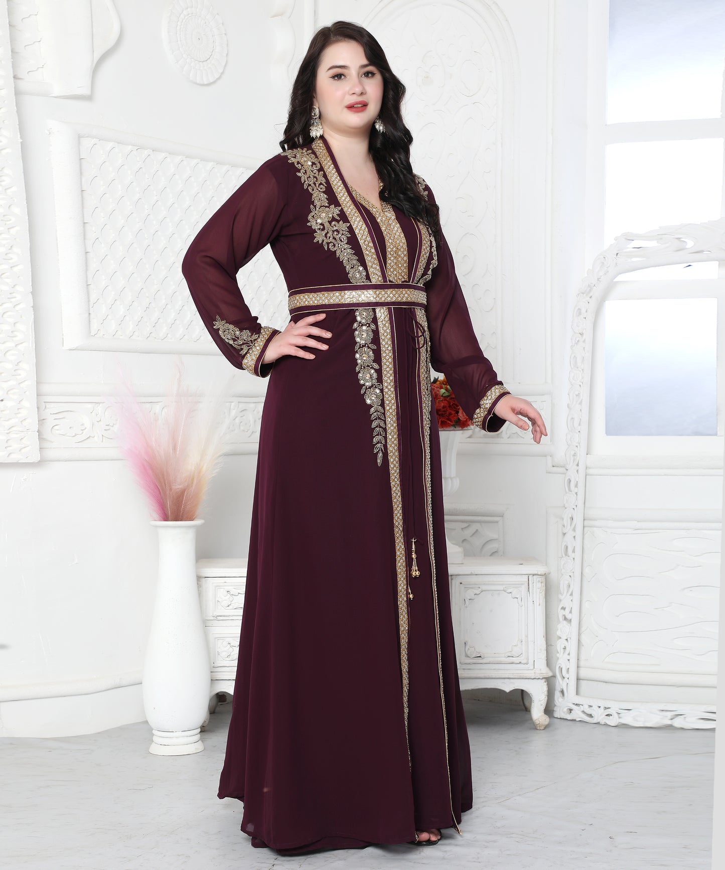 Floral Pattern Golden Hand Embellished Kaftan Dress