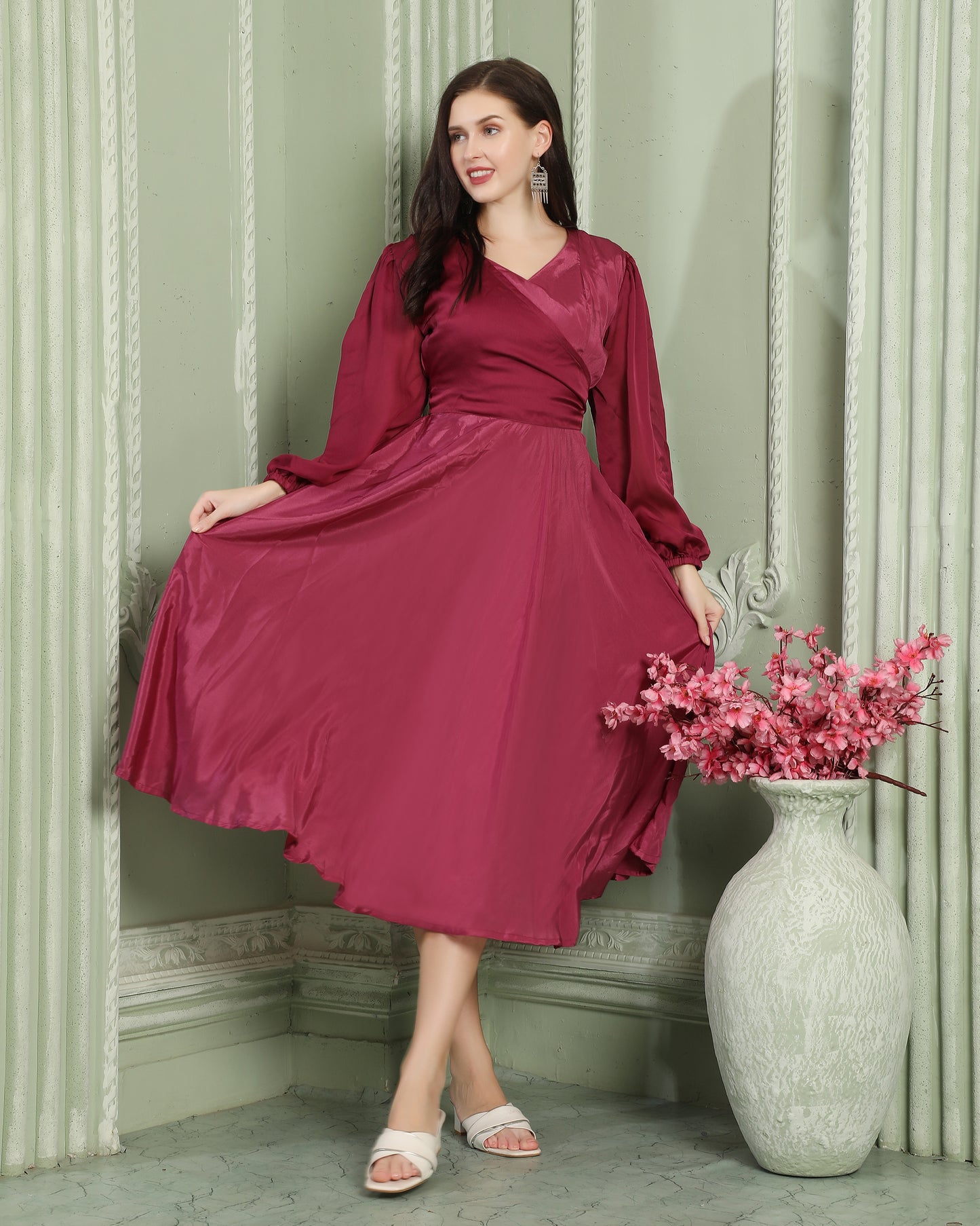 Pink Satin Classic Partywear Body Cut Dress