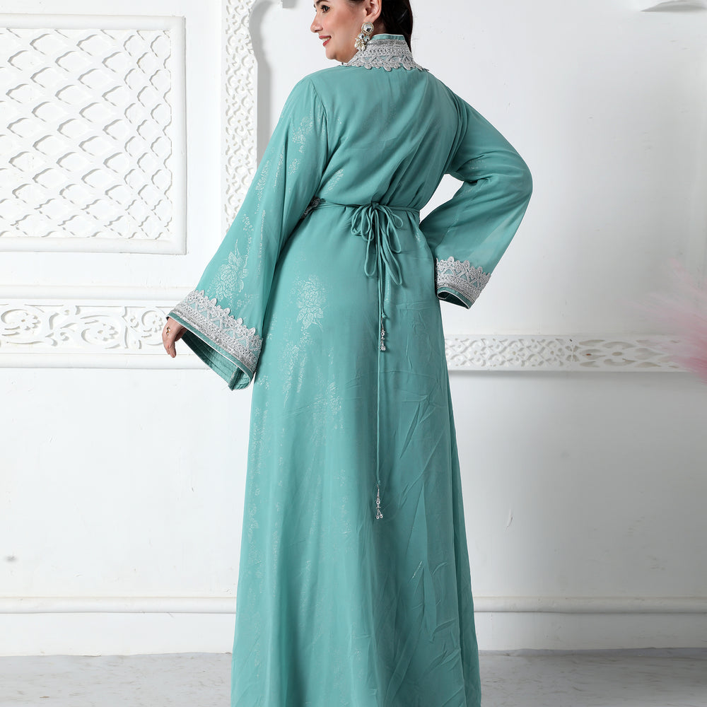 
                  
                    Moroccan Lace Jalabiya In Silver Embossed Foil Print
                  
                