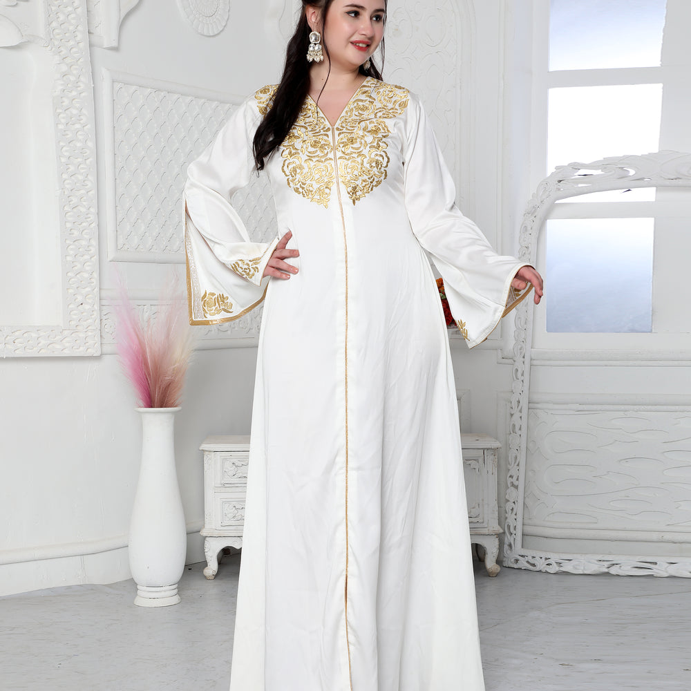 
                  
                    Royal Kaftan Dress In White With Gold Threadwork Embroidery
                  
                