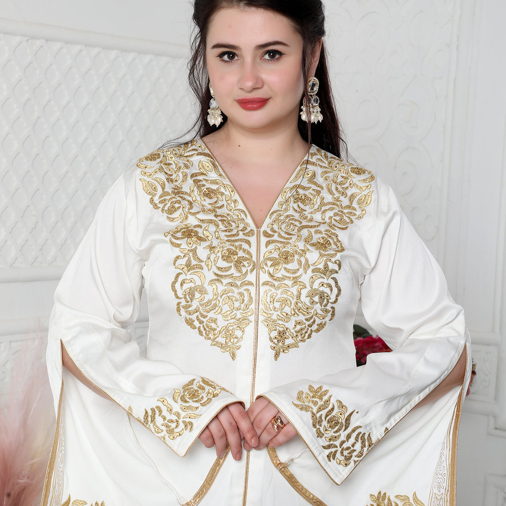 
                  
                    Royal Kaftan Dress In White With Gold Threadwork Embroidery
                  
                
