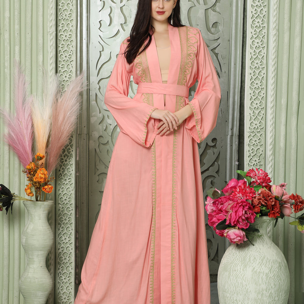 
                  
                    Light Pink Arabic Style Kaftan With Gold Aari Embroidery
                  
                