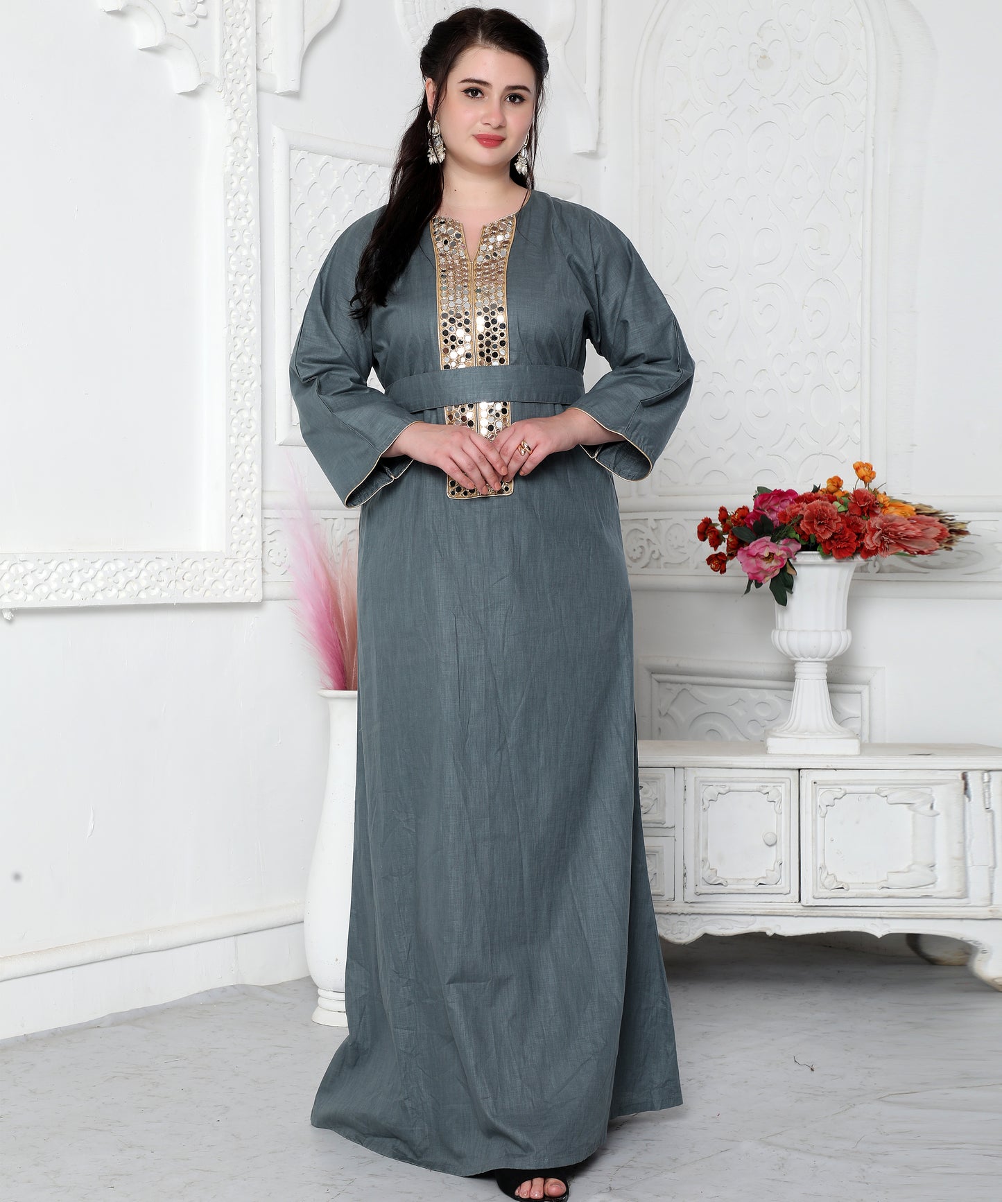 Aabla Work Mirror Finish Jalabiya Kaftan For Women