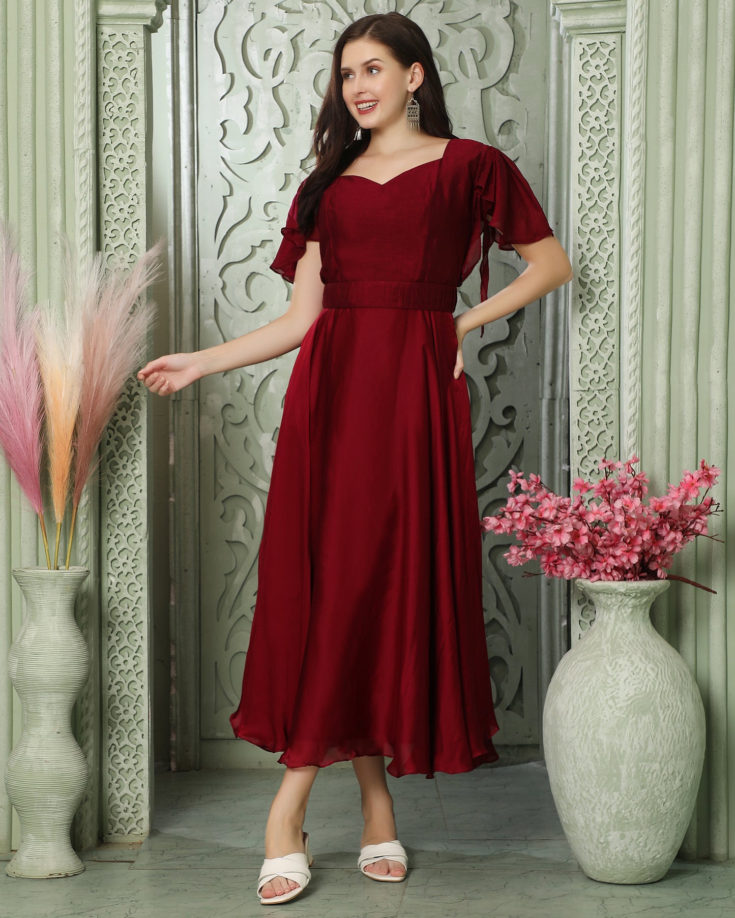 Cherry Red Partywear Heart Neck Dress