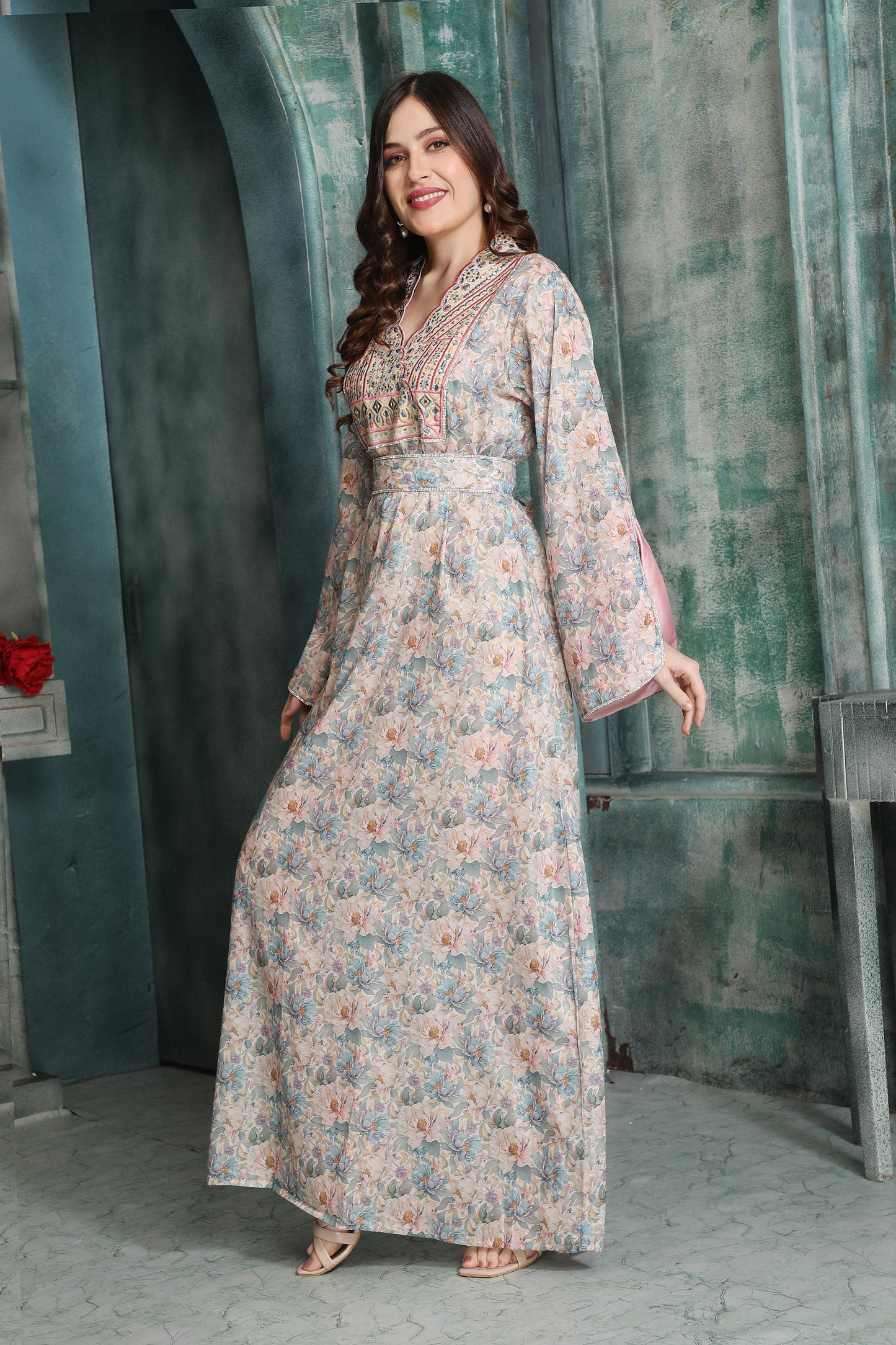 Floral Embroidered Modestwear Dress with Crystal Studded Lacework - Maxim Creation
