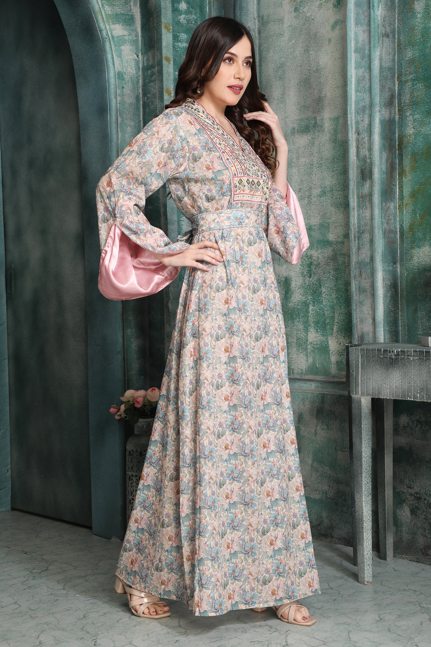 Floral Embroidered Modestwear Dress with Crystal Studded Lacework - Maxim Creation