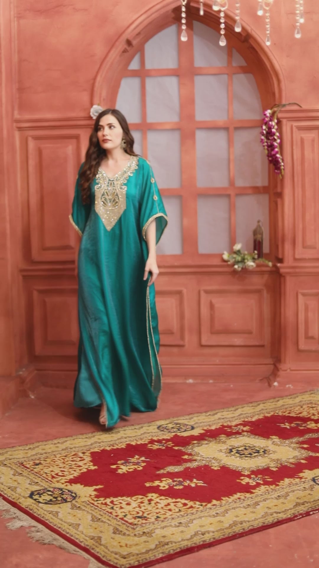 Teal Green Satin Evening Dress with Crystal-Sequin Embroidery