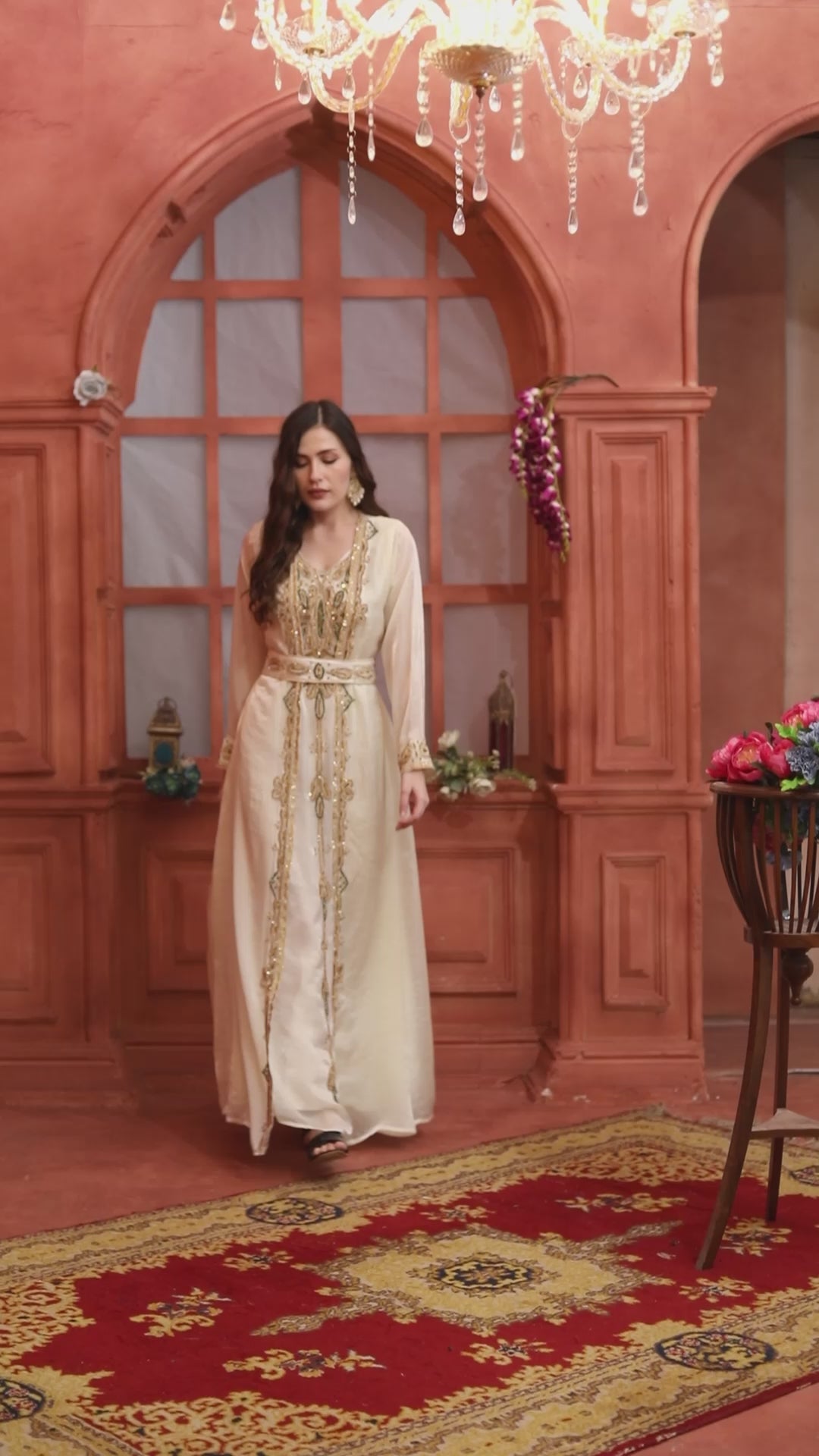 Multicolor crystal Hand-Embroidered Wedding Gown in Cream