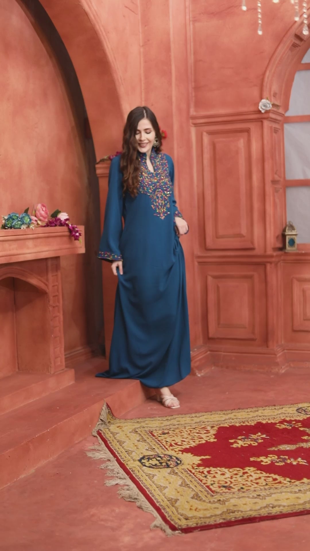 Teal Blue Kashmiri Embroidered Kaftan Gown