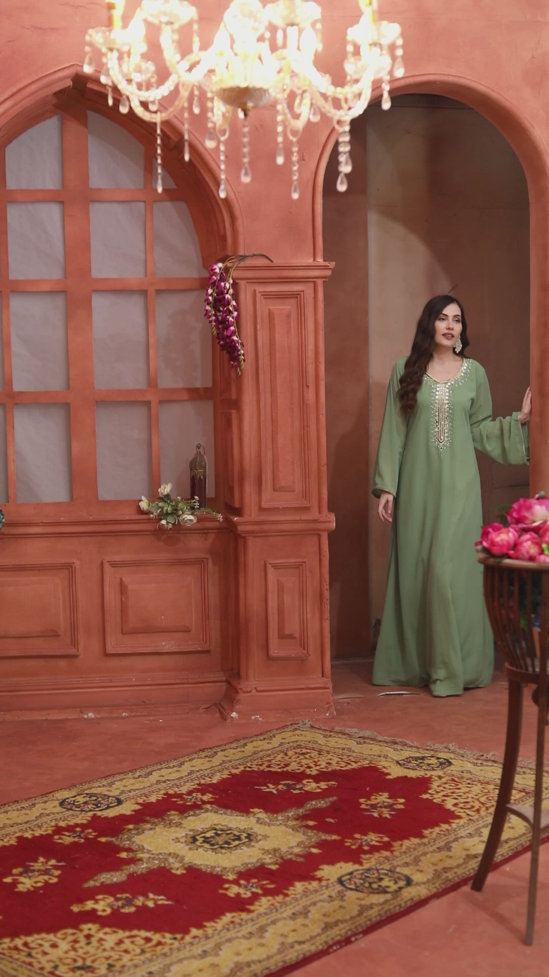 Sage Green Embroidered Luxe Jalabiya with Flared Sleeves