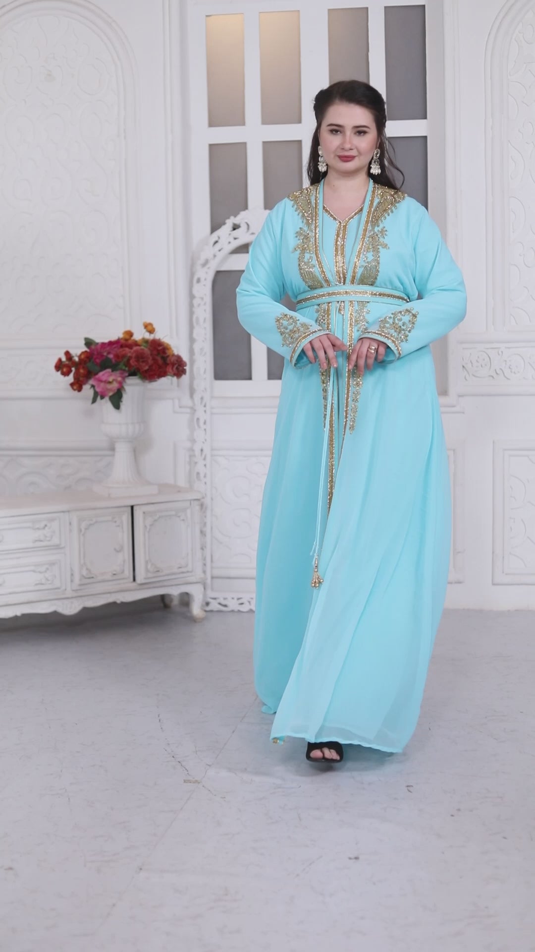 Sky Blue Kaftan In Gold Bling Embroidery