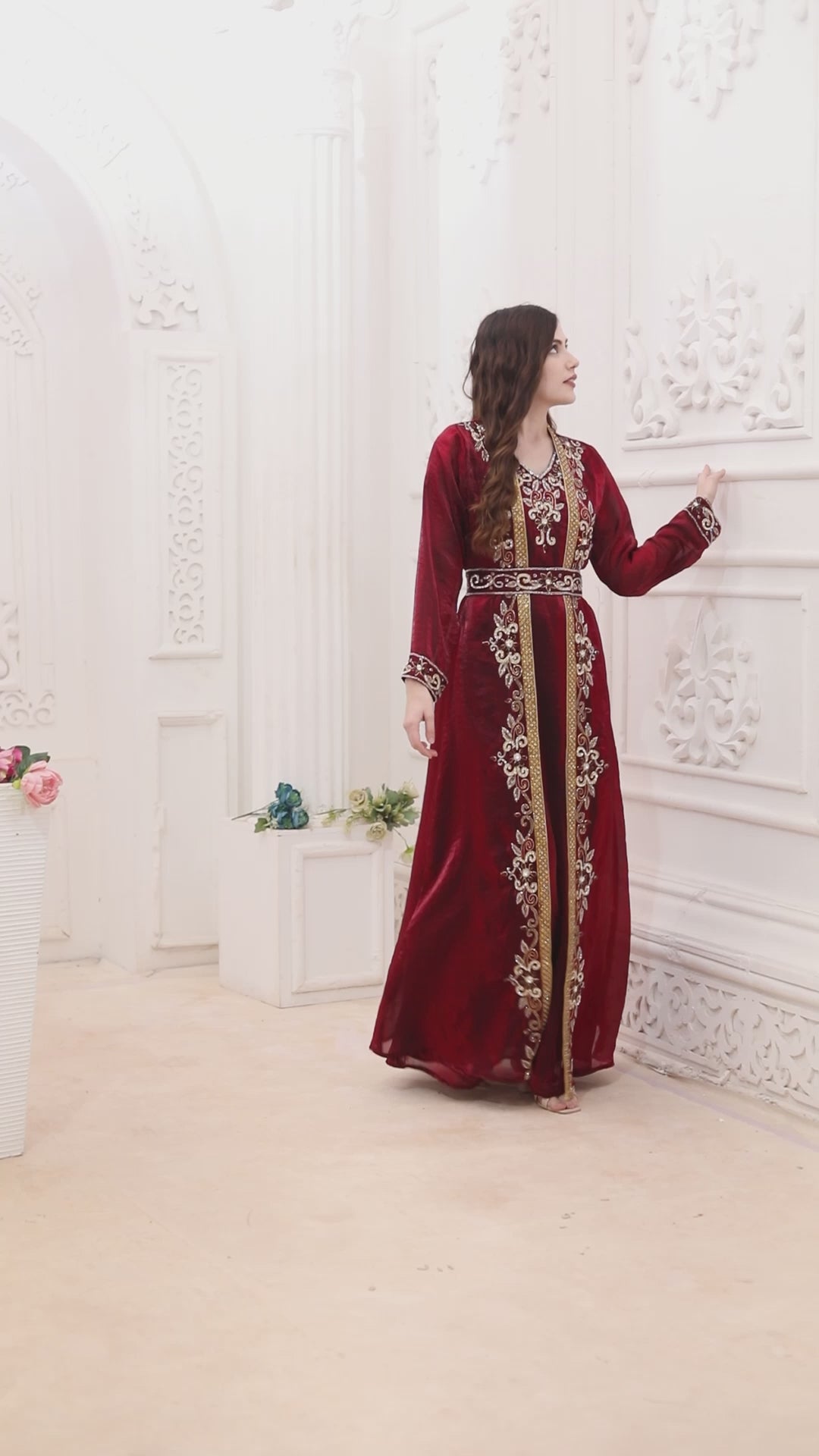 Maroon and Gold Zari Embroidered Front-Open Wedding Gown