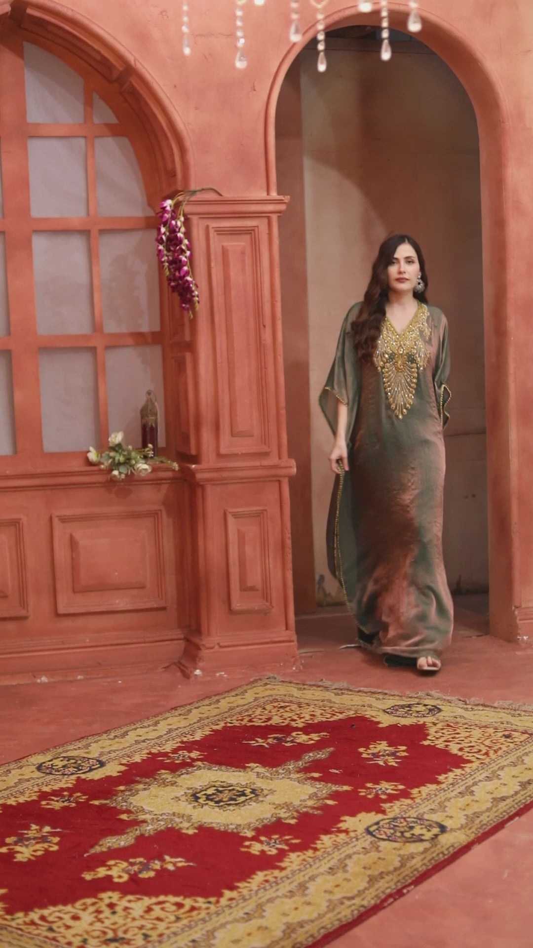 Beaded V-Neck Caftan and Crystal Studded Embroidery with Tassels