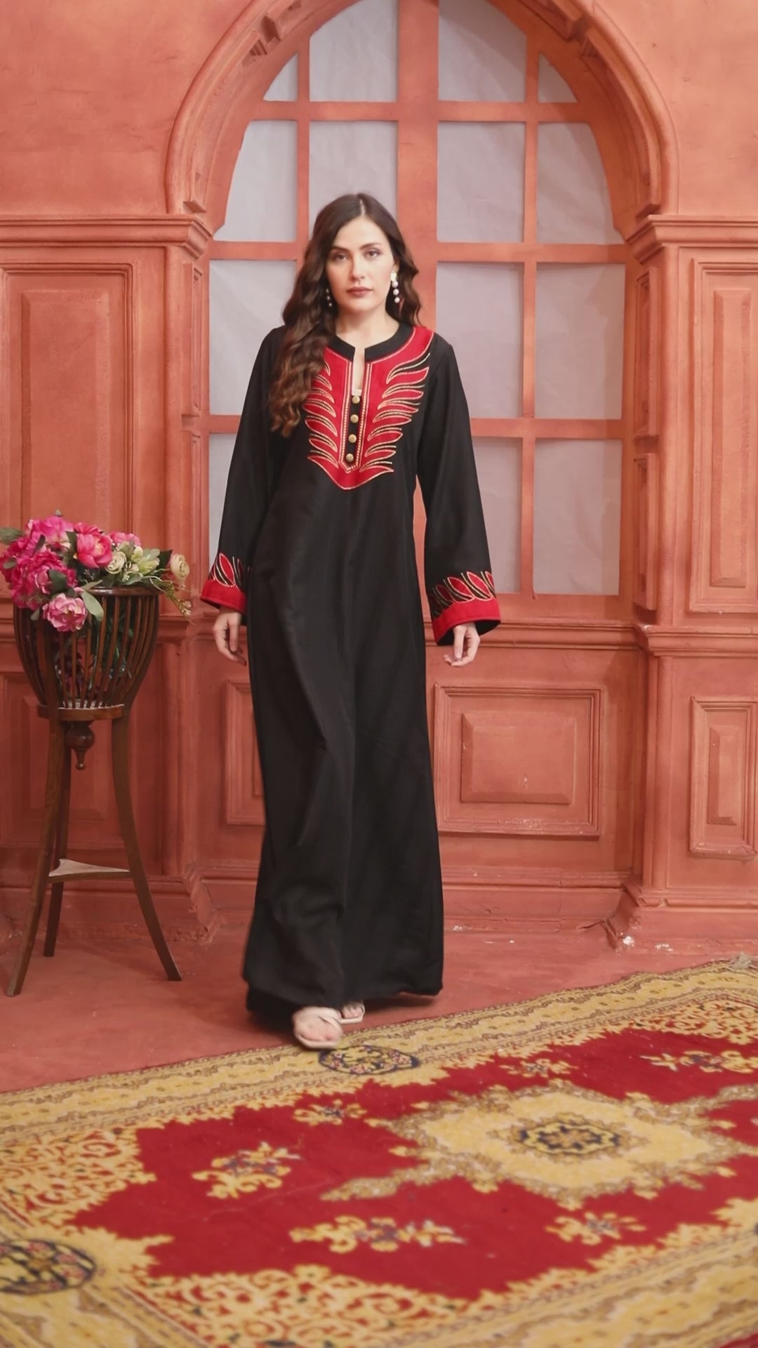 Black Kashmiri Embroidered Feather-Motif Kaftan
