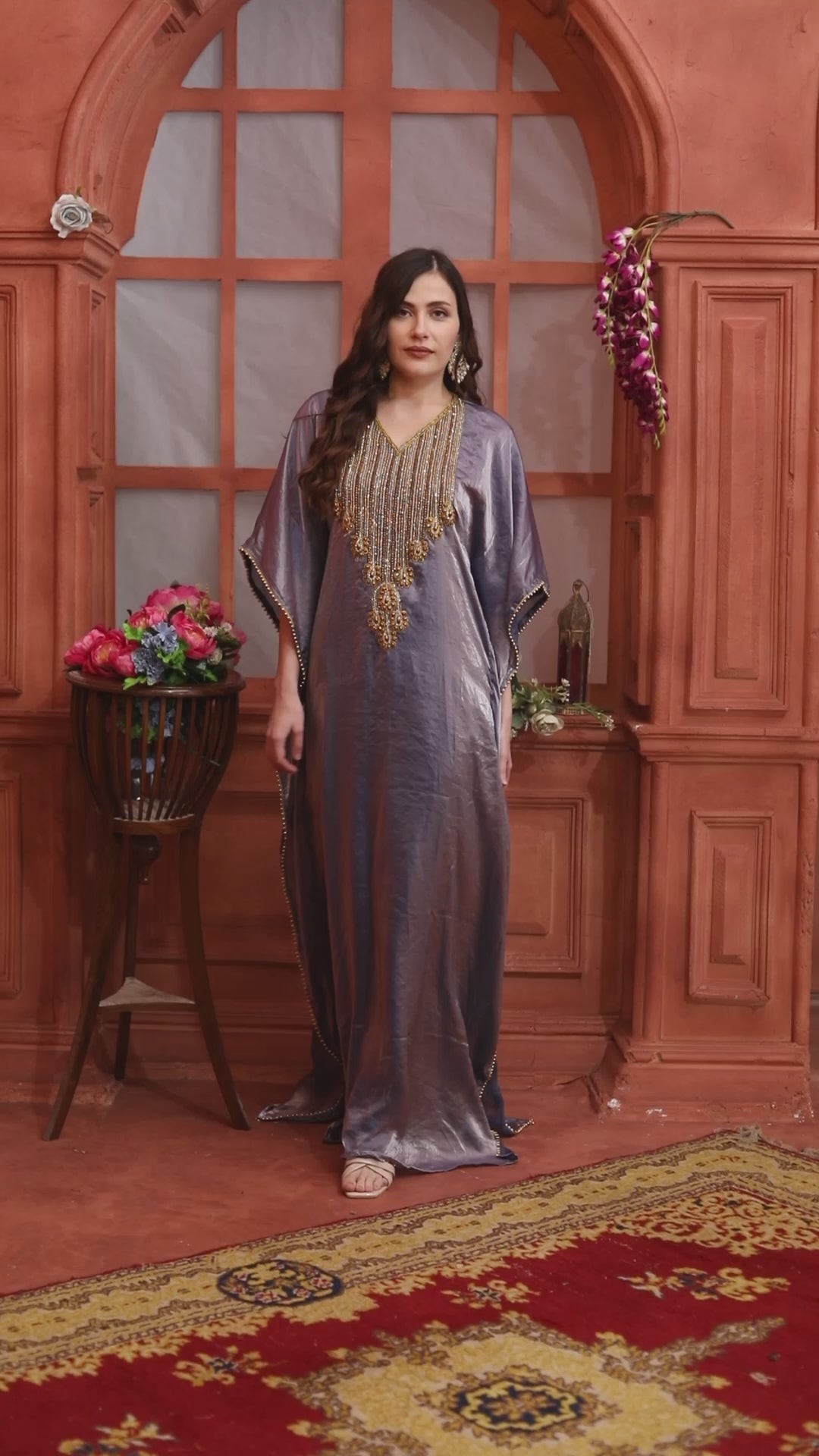 Metallic Purple Kaftan Dress with Beaded Neck Embellishment