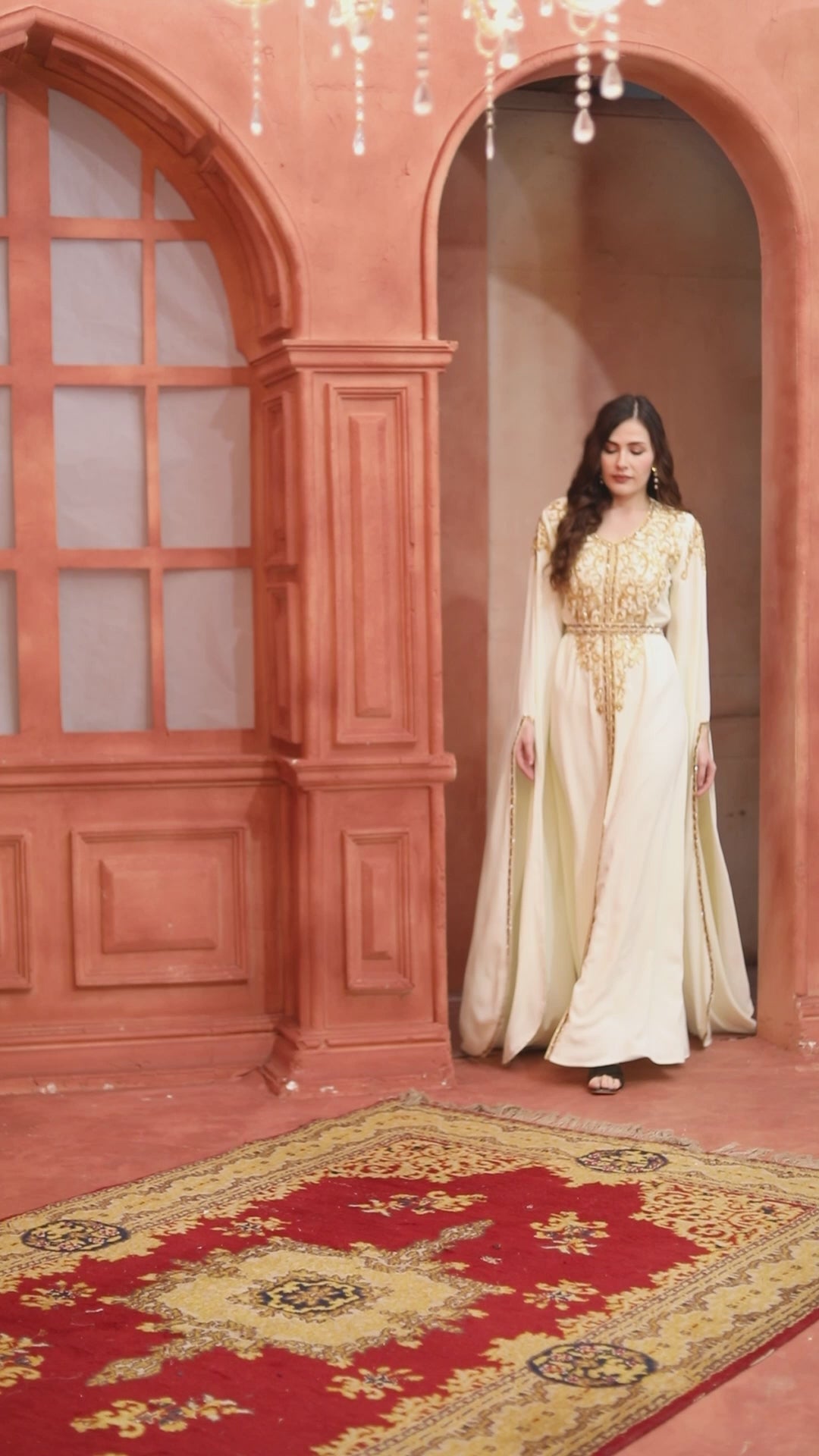 Off-White Flared Wedding Gown with Gold Sequin Embroidery