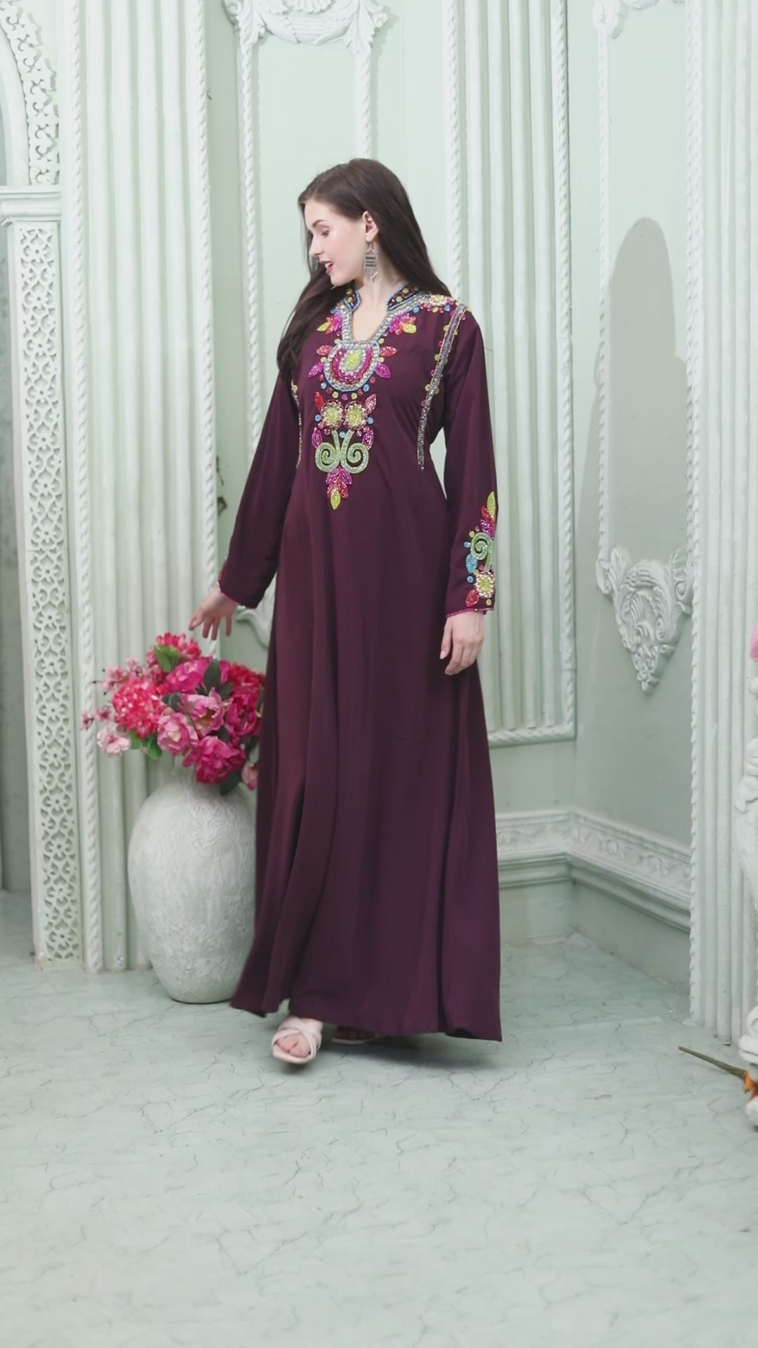 Designer-wear Velvet Kaftan with Multicolor Embroidered Sleeves