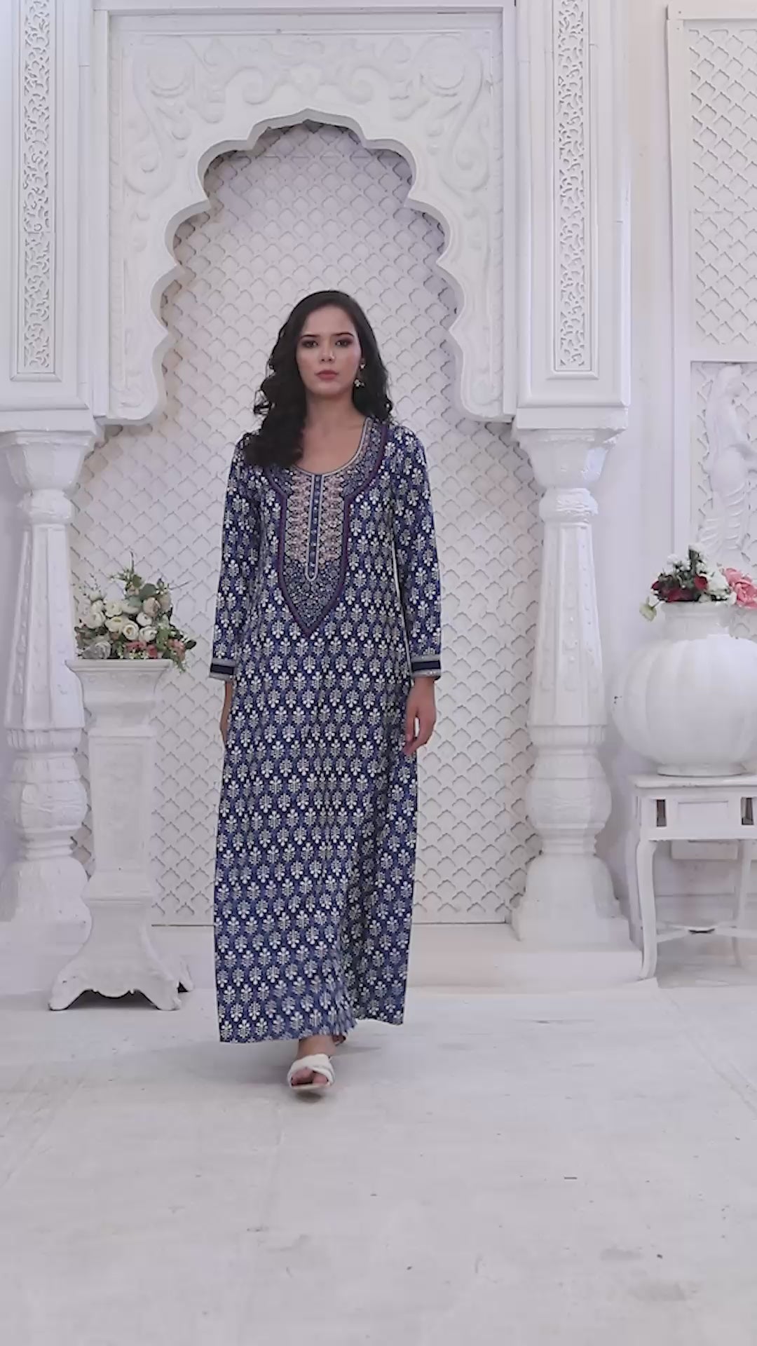Designer Jalabiya in Indigo Blue with Printed Motifs and Embrodiery