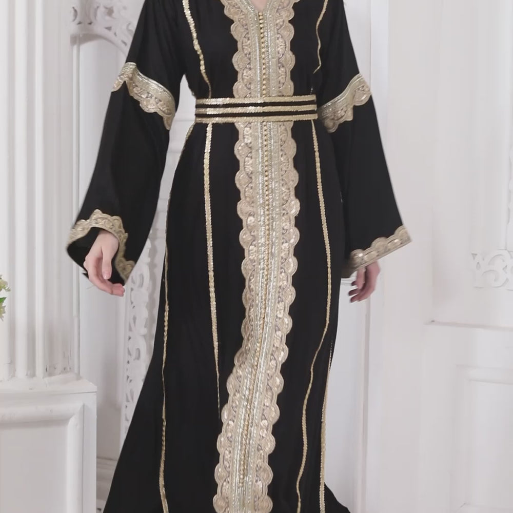 
                  
                    Charger et lire la vidéo dans la visionneuse de la galerie, Designerwear Jalabiya Kaftan with Golden lacework
                  
                
