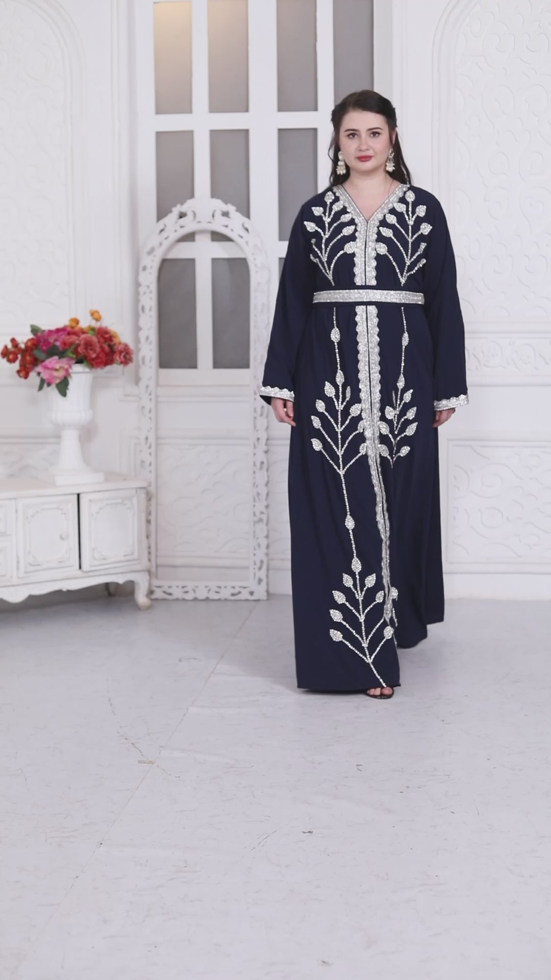 Navy Blue Kaftan With Hand Embroidery And Cut Dana