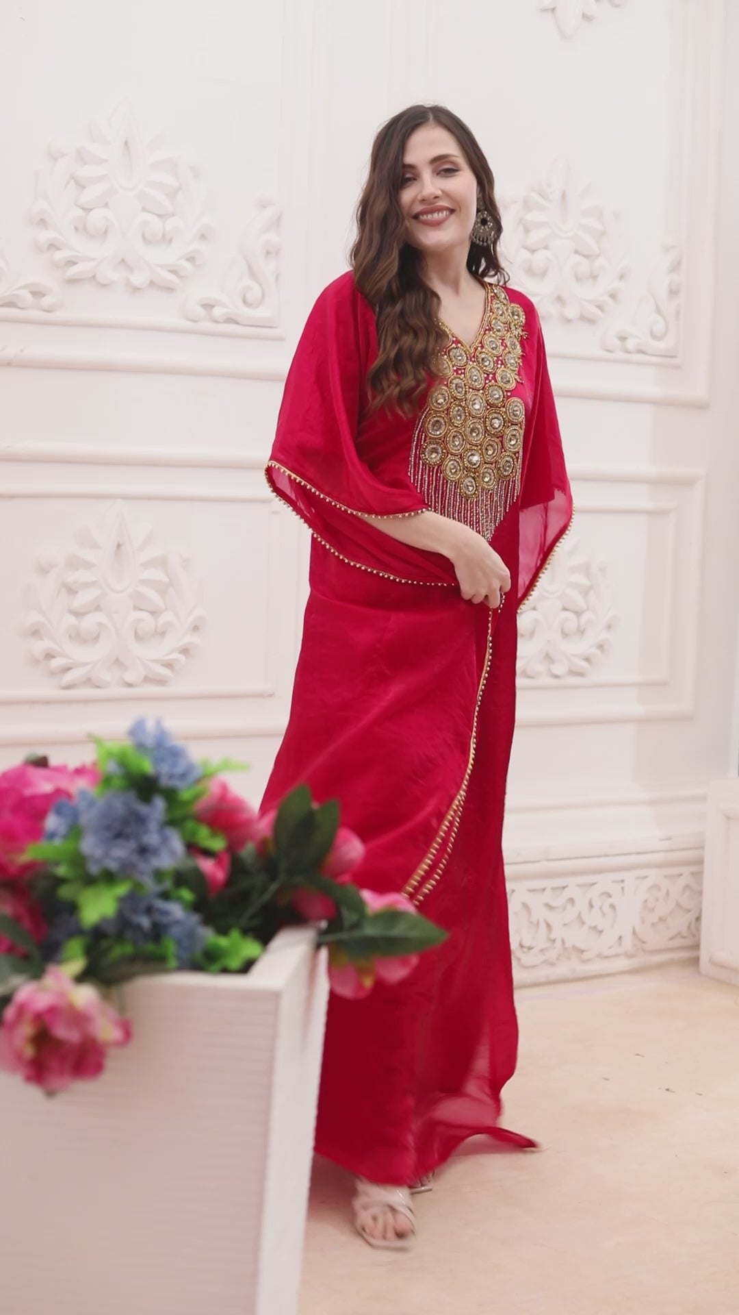 Rani Pink Kaftan with Mirror Embellished Neckline and Crystal Fringe