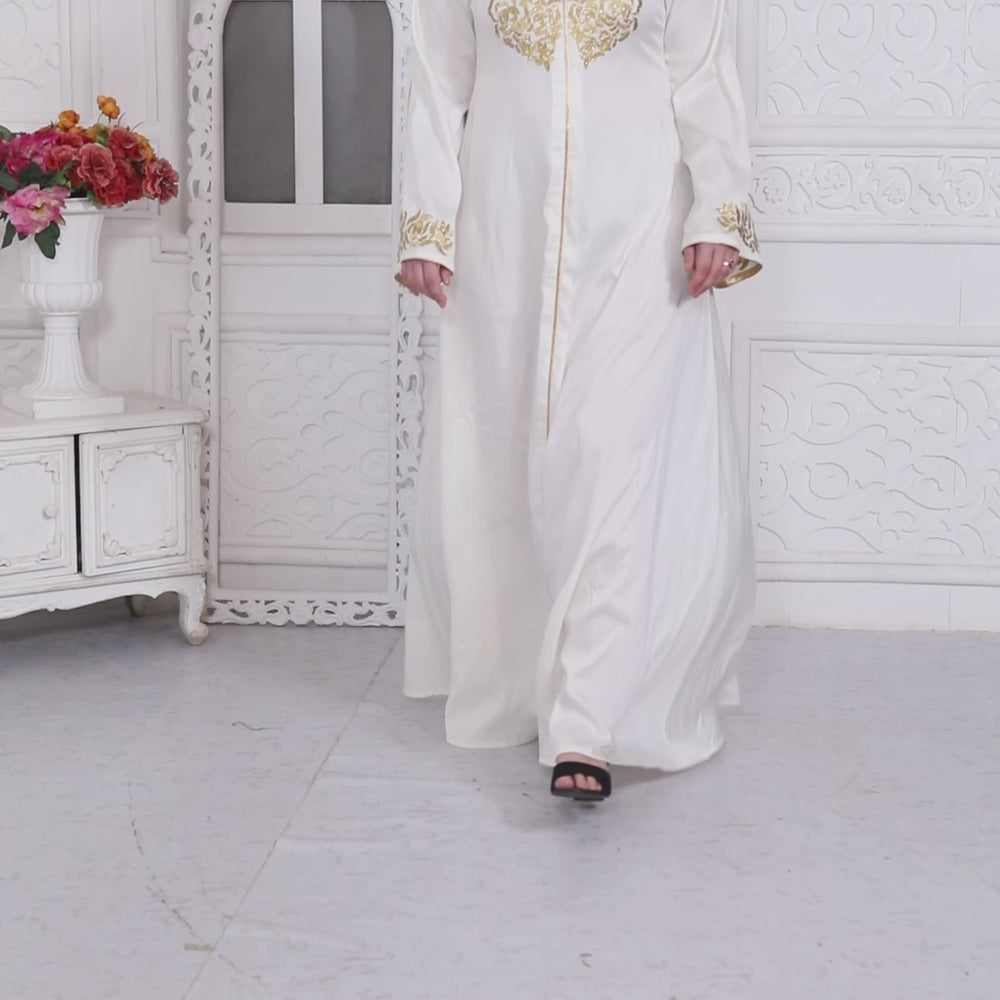 
                  
                    Charger et lire la vidéo dans la visionneuse de la galerie, Royal Kaftan Dress In White With Gold Threadwork Embroidery
                  
                