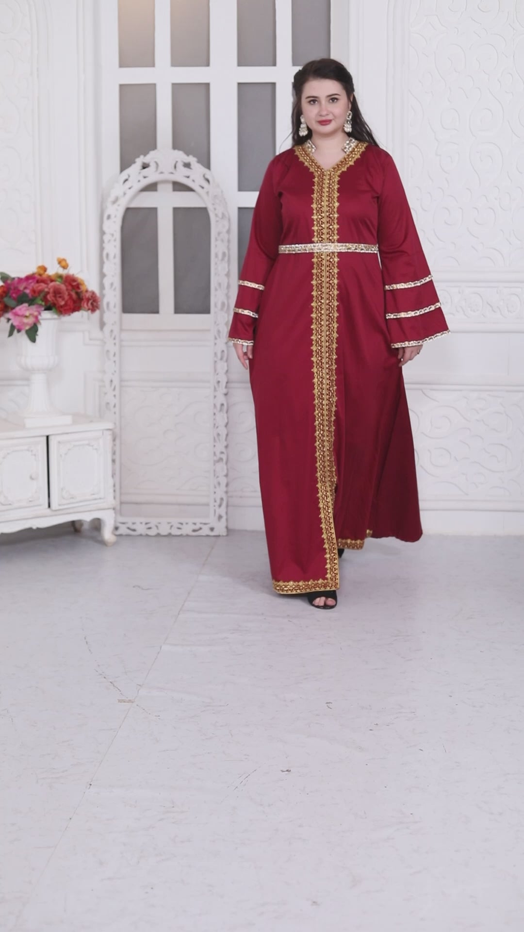 Red Jalabiya Kaftan with Gold Embroidery Double Flaired Sleeve