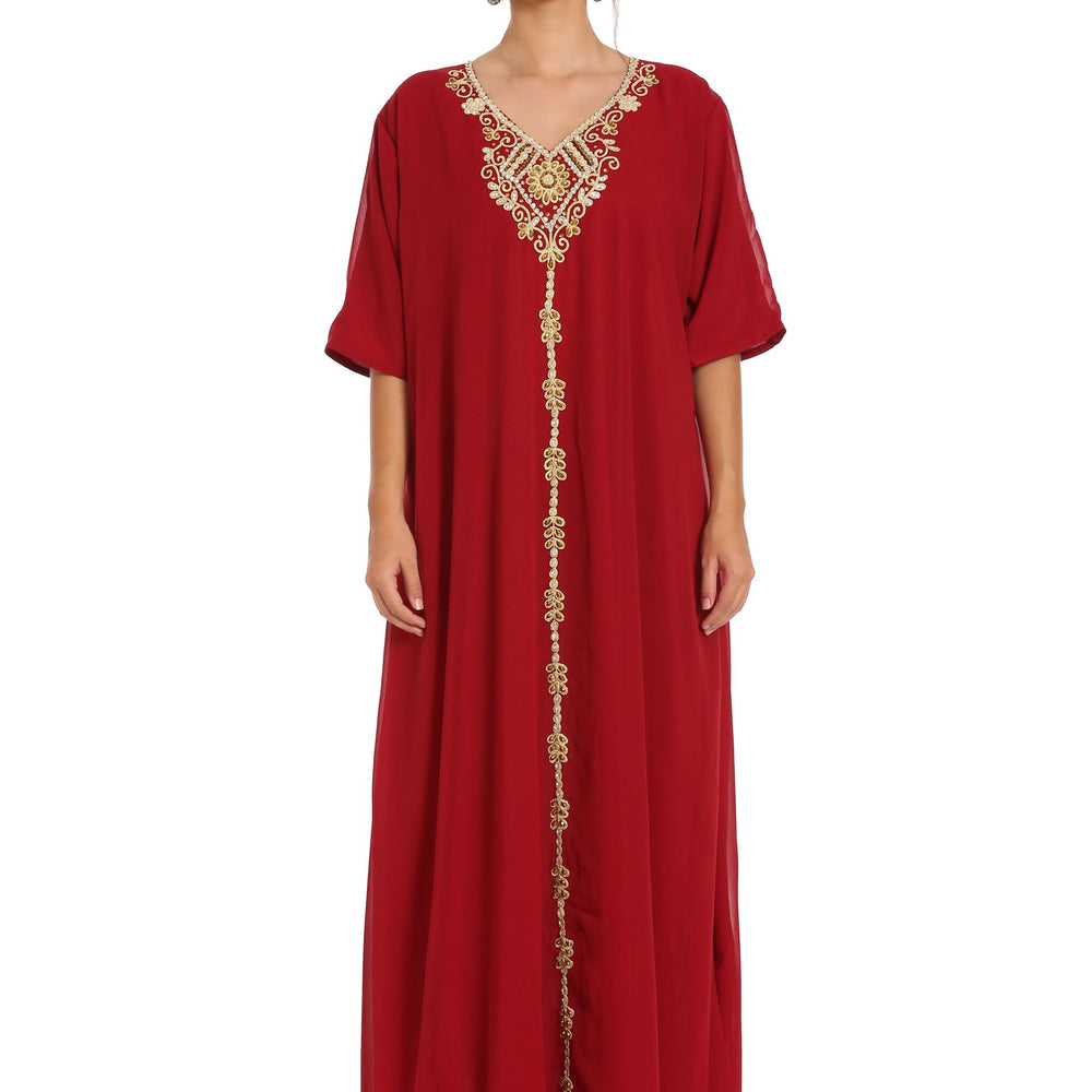 
                  
                    Designer Takchita Kaftan Handicraft Dress with Long Bell Sleeve - Maxim Creation
                  
                