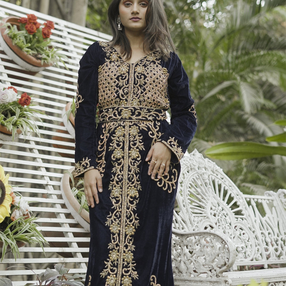 Crystal Hand Work Caftan Beads Velvet Ball Gown