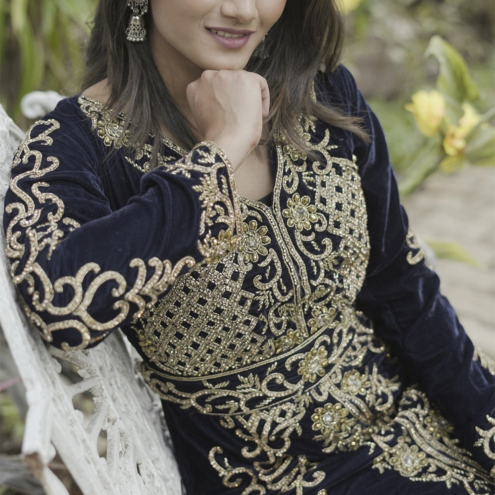 Crystal Hand Work Caftan Beads Velvet Ball Gown