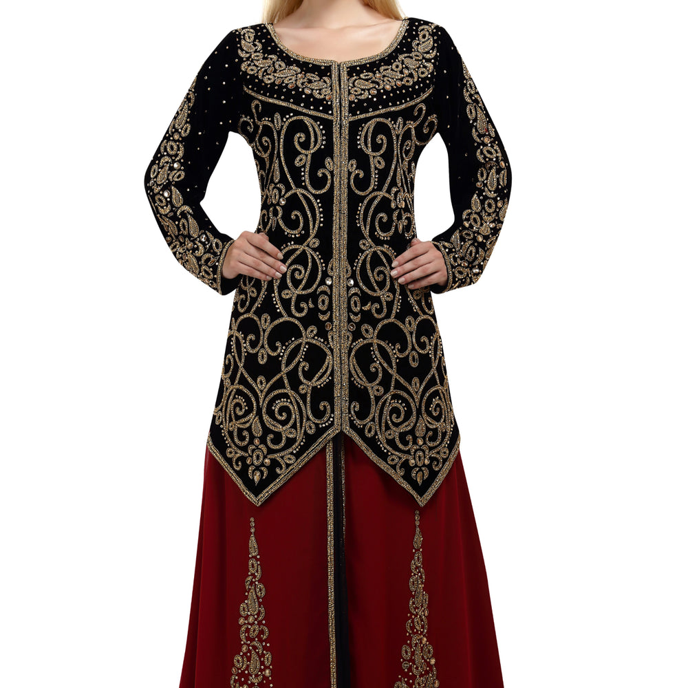 Embroidered Kaftan in Black-Maroon Velvet Fabric Takchita Gown - Maxim Creation