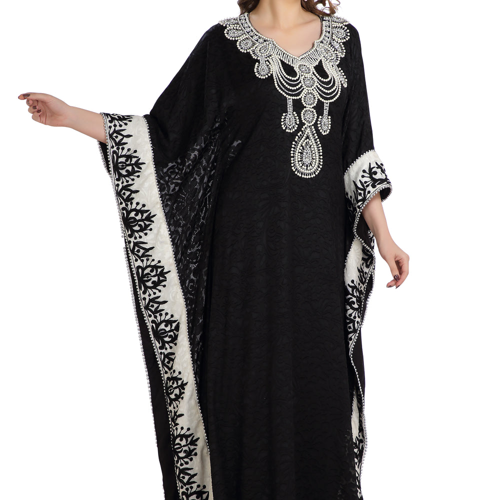 Dubai Kaftan With Embossed Fabric Printed Brasso & Silver Hand Work Abaya - Maxim Creation