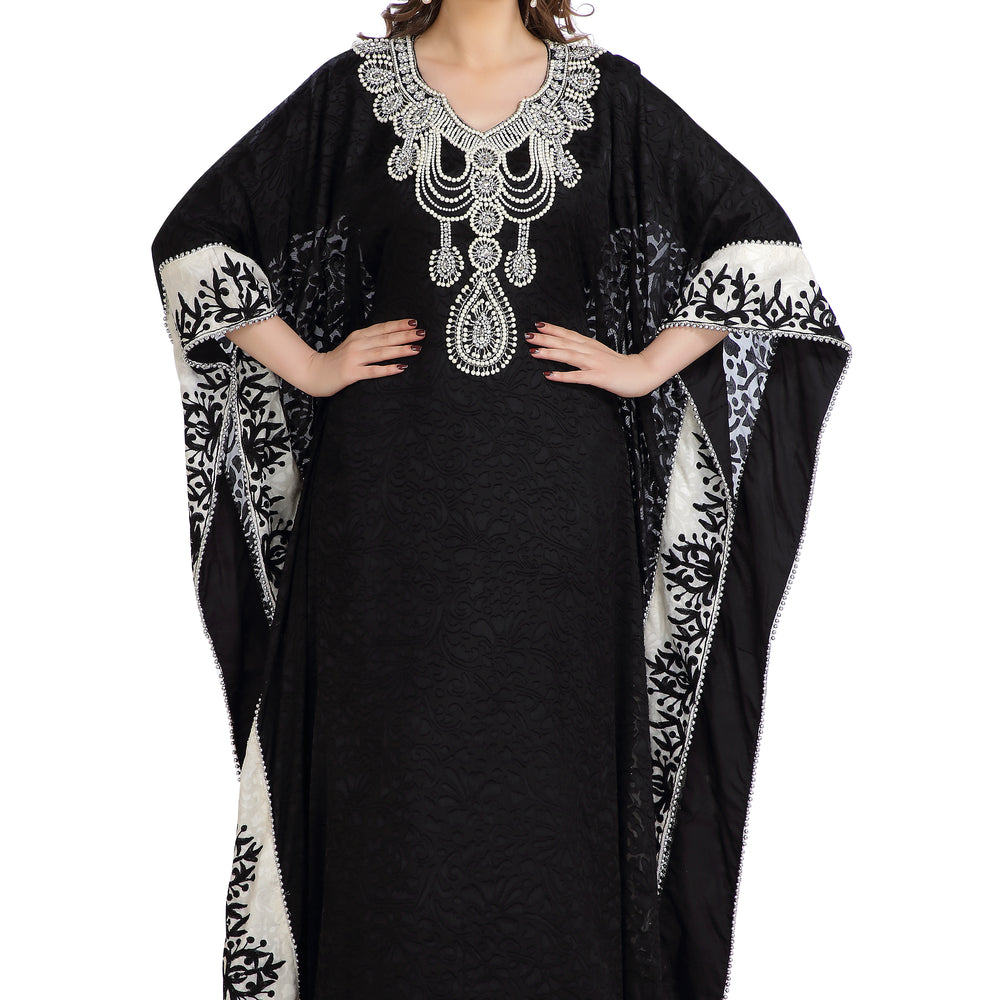Dubai Kaftan With Embossed Fabric Printed Brasso & Silver Hand Work Abaya - Maxim Creation
