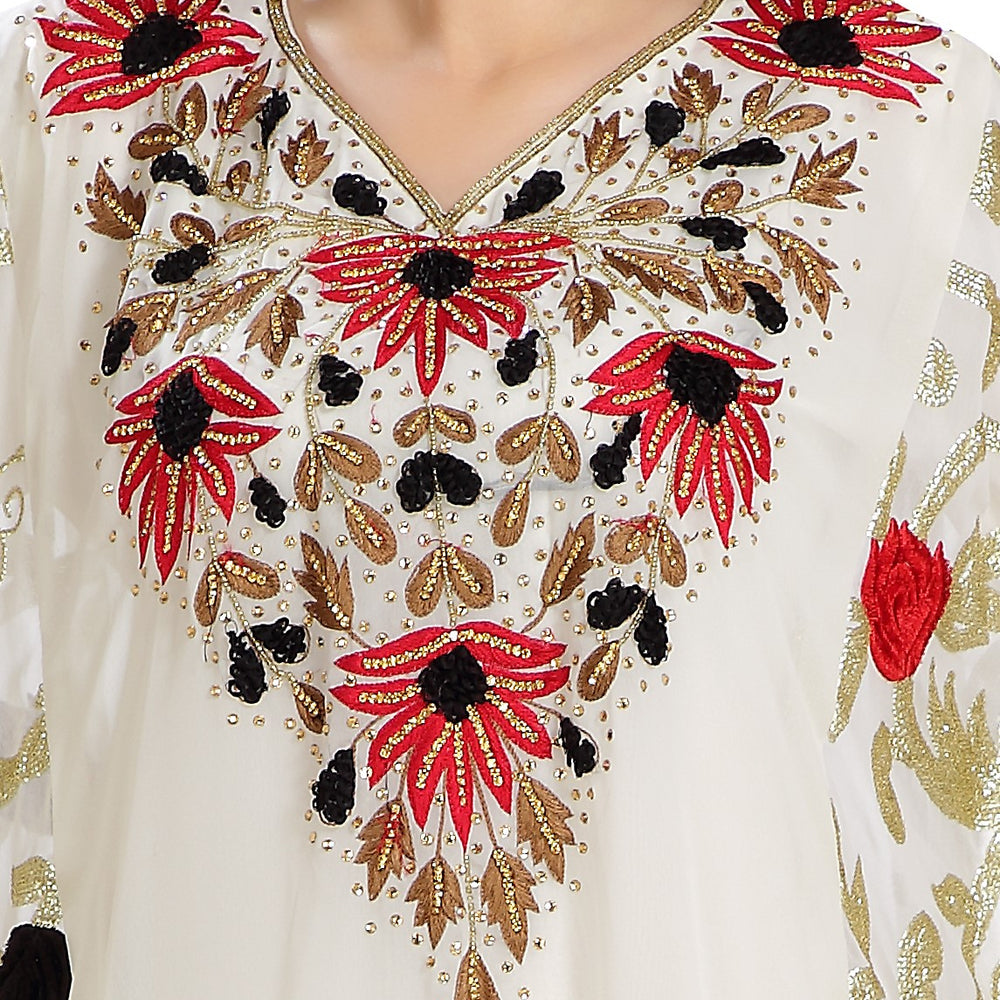 Embroidered Farasha Maxi in Red and Black Flowers - Maxim Creation