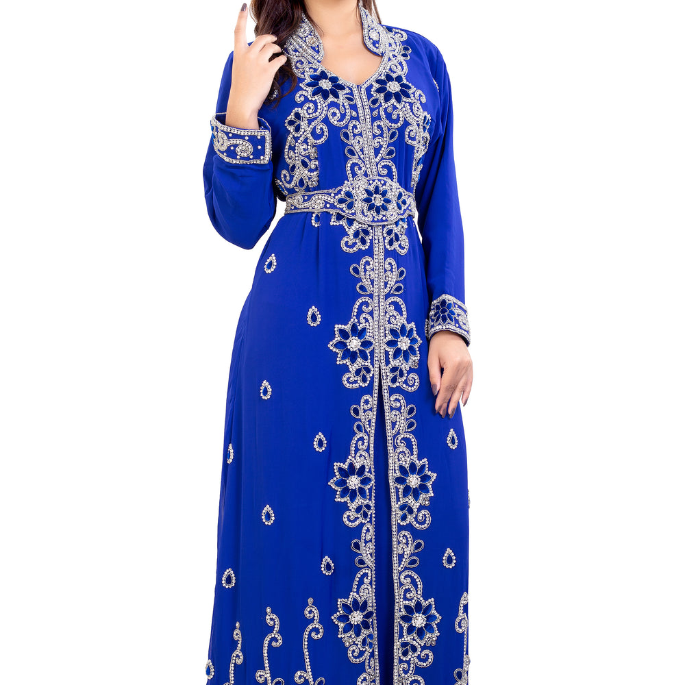 Customized Kaftan Embroidered Silver Stones with Velvet Flowers - Maxim Creation