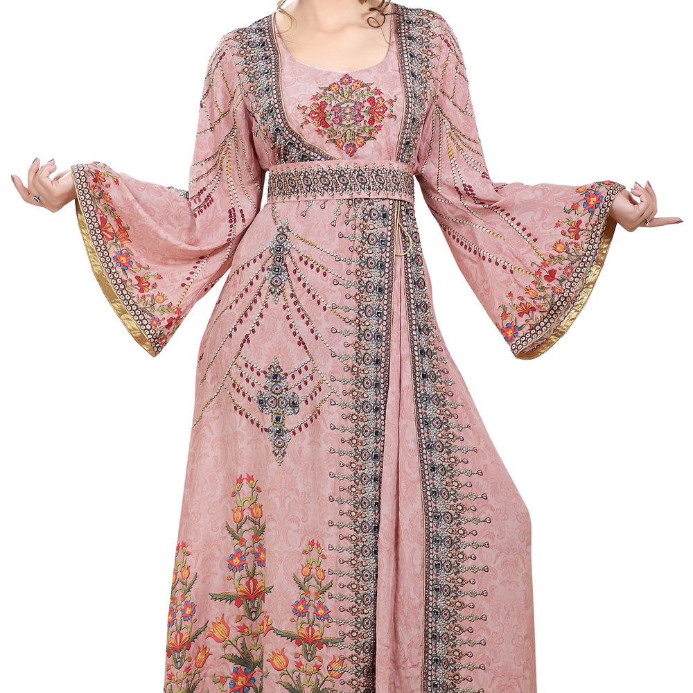 Light Pink Printed Kaftan With Crystal Luxe Beads - Maxim Creation