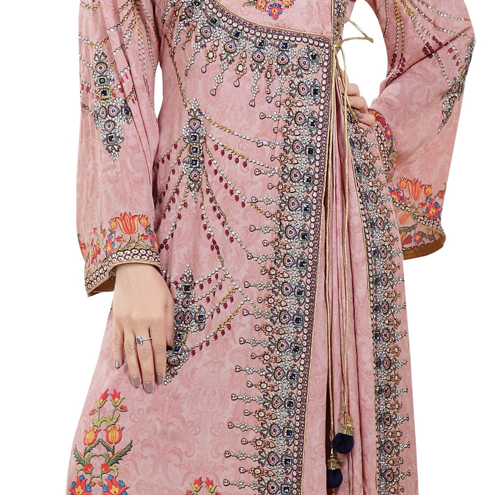 Light Pink Printed Kaftan With Crystal Luxe Beads - Maxim Creation