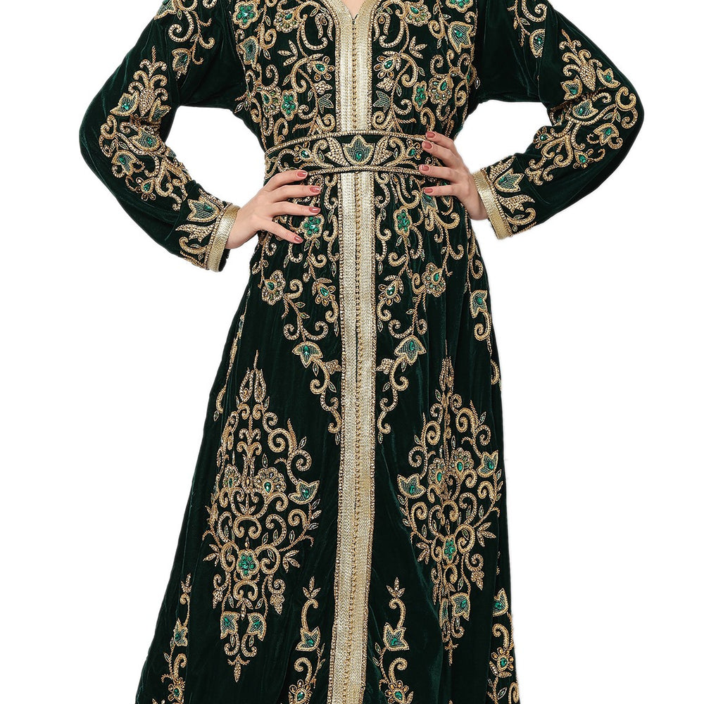 Designer Wedding Dress Crystal Embroidered Kaftan in Dark Green Velvet - Maxim Creation