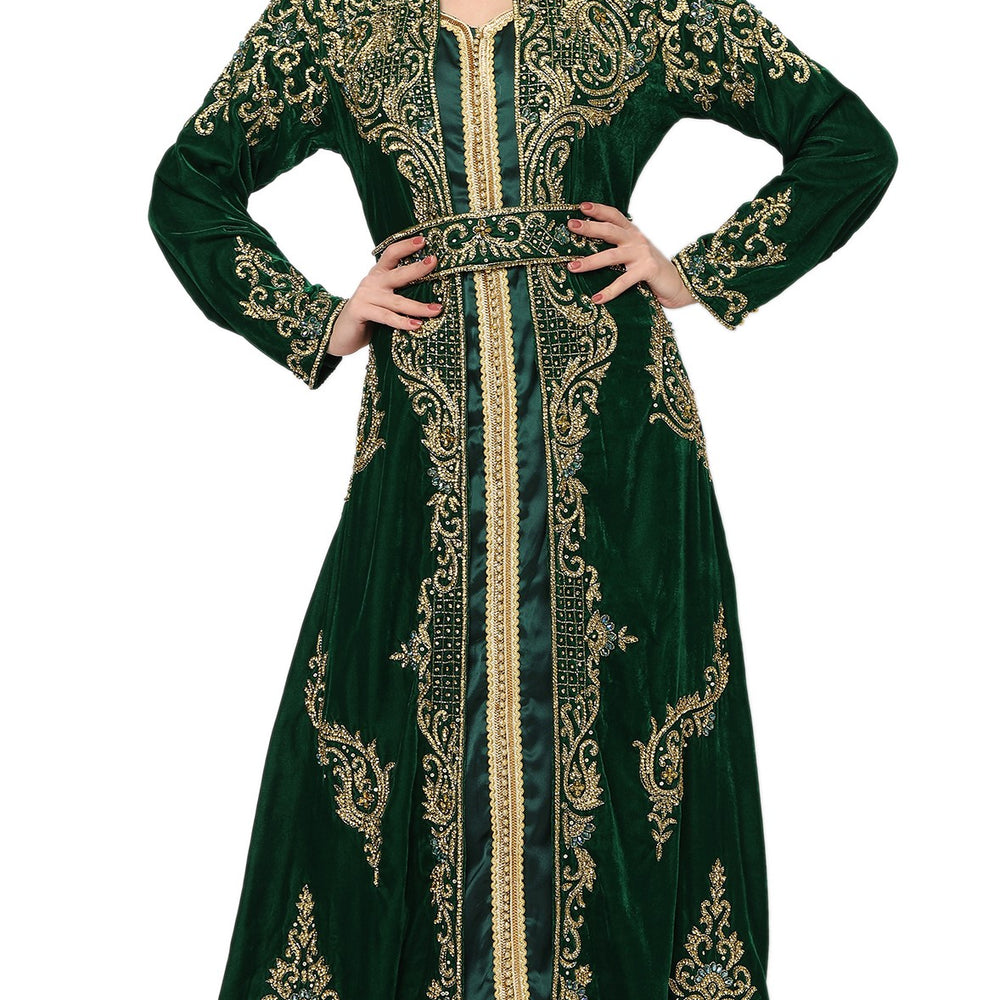 Designer Caftan Wedding Dress in Dark Green Velvet - Maxim Creation