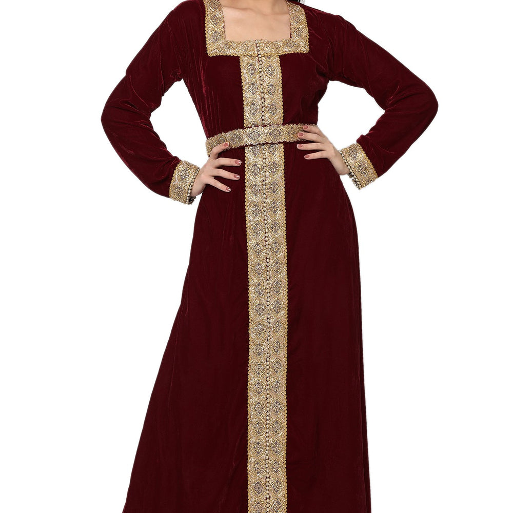 Designer Gown In Velvet Long Sleeve Maxi in Maroon Velvet - Maxim Creation