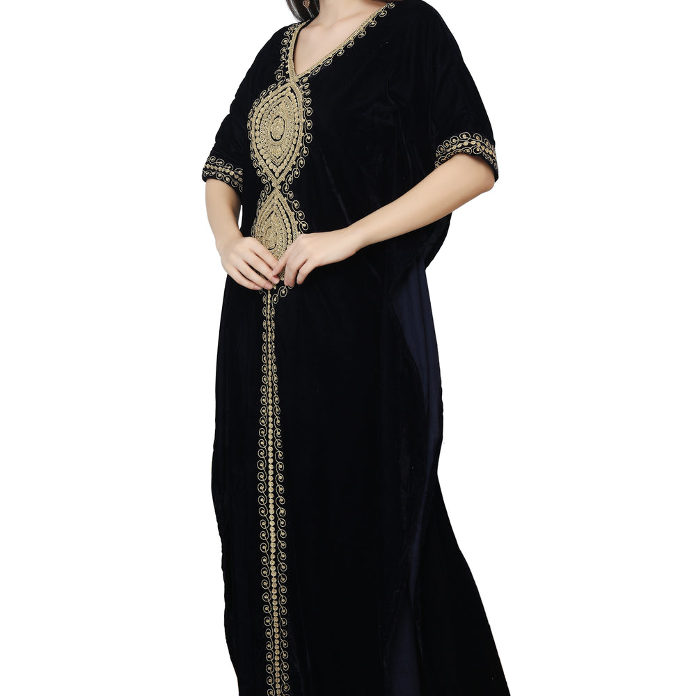 
                  
                    Designer Velvet Kaftan Karakou Embroidery Threadwork Gown - Maxim Creation
                  
                